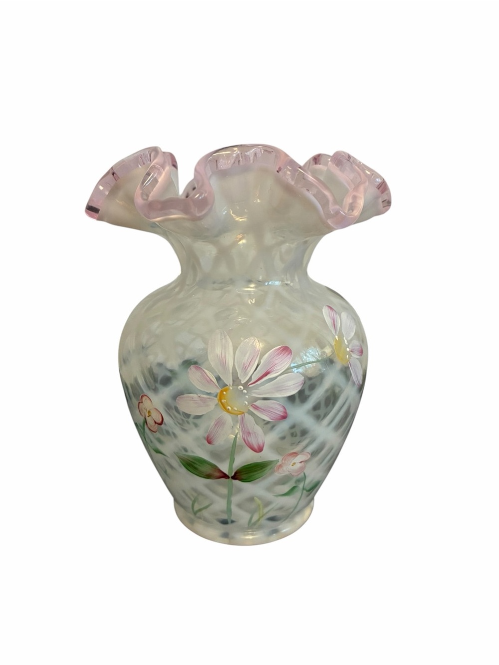 Fenton Hand Painted Opalescent Lattice Pink Ruffled Crest Floral Vase L Kendall
